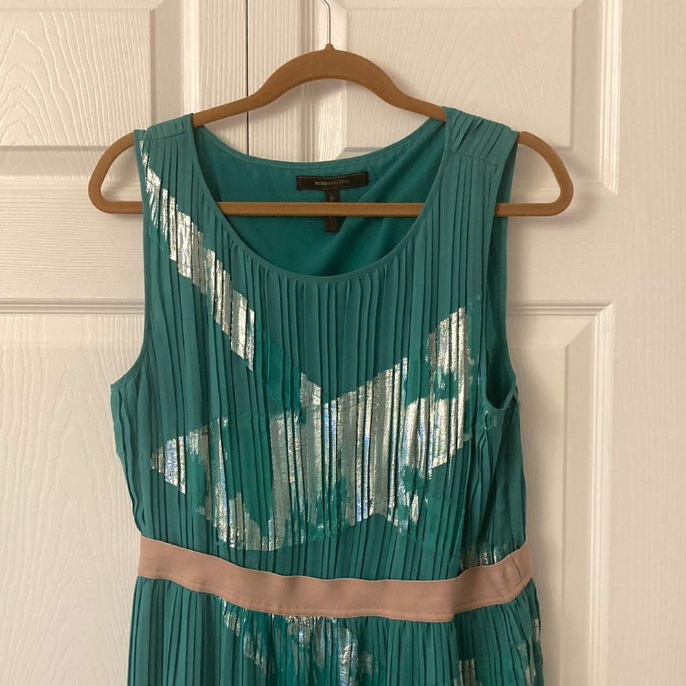 BCBGMaxAzria Teal Pleated Dress with Silver Foil Accents